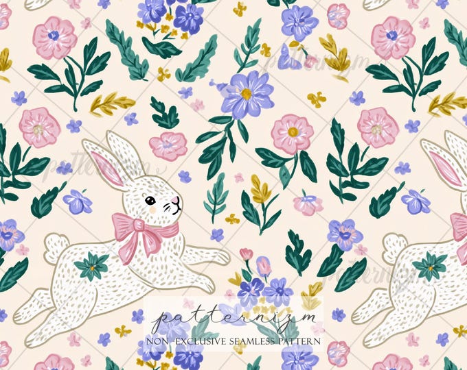 Seamless Easter Bunny Pattern – Cute Rabbit with Bows Design, Whimsical Spring Nursery Fabric, Pastel Easter Animal Digital Download