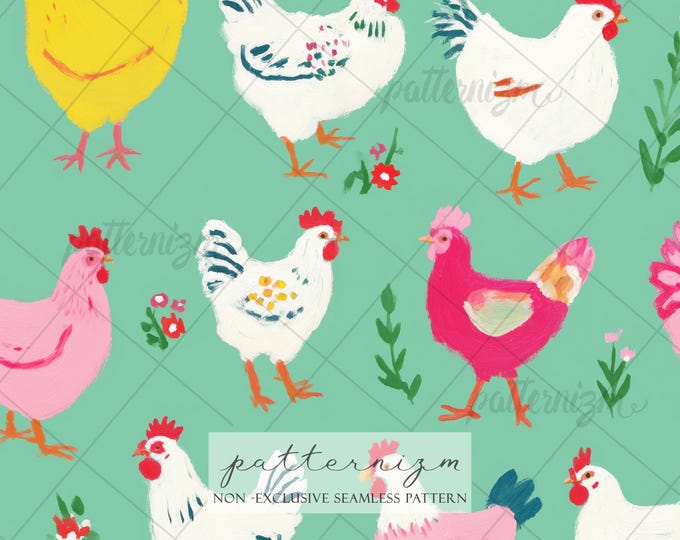 Cute Chicken Pattern Digital Download – Farm Animals Seamless Design, Whimsical Hen Illustration, Cottagecore Fabric Print