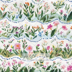 Può includere: Un motivo floreale ad acquerello con fiori rosa, arancioni e viola e foglie verdi. Il design include linee blu ondulate con punti blu scuro e il testo "patternizm" e "NON-EXCLUSIVE SEAMLESS PATTERN".