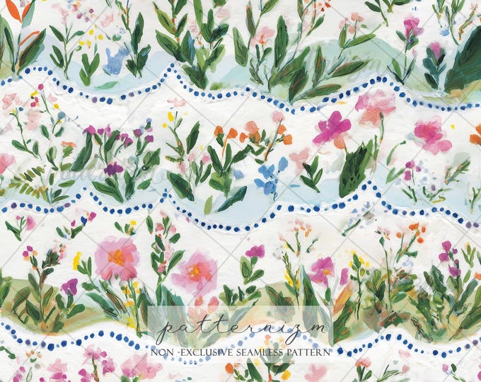 Wildflower Meadow Stripe Seamless Pattern – Painted Botanical Design, Soft Nature Fabric Print, Cottage Garden Style