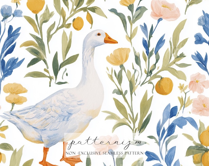 Watercolor Summer Goose Seamless Pattern Digital Paper – Cute Geese Illustration for Kids Fabric and Nursery
