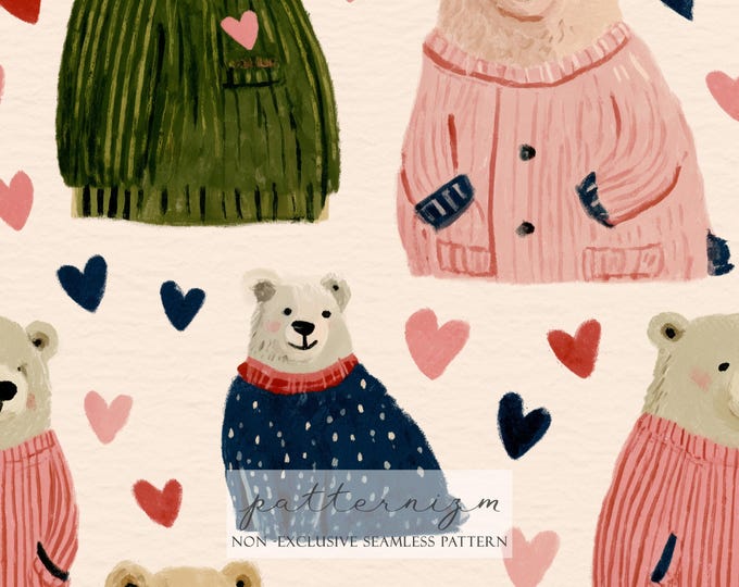 Cute Teddy Bear Heart Seamless Pattern – Watercolor Bears in Sweaters, Valentine Kids Repeat Design