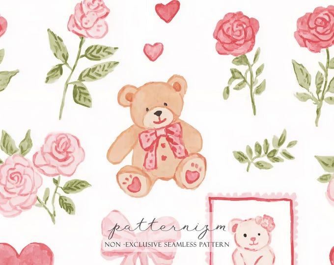 Cute Valentine Teddy Bear Pattern – Hearts, Roses & Bows, Sweet Watercolor Seamless Design for Kids, Cards, Fabric