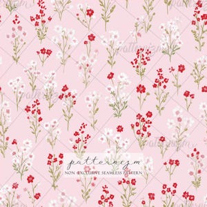 Papel digital con estampado floral diminuto sin costuras: flores silvestres rojas y blancas sobre fondo rosa suave para manualidades divertidas.