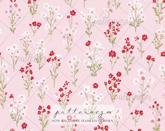 Tiny Floral Seamless Pattern – Red and White Wildflowers on Soft Pink Background Digital Paper for Cute Crafts