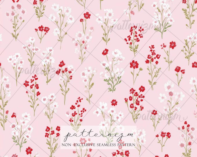 Tiny Floral Seamless Pattern – Red and White Wildflowers on Soft Pink Background Digital Paper for Cute Crafts