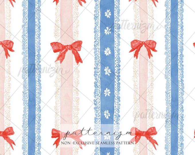 Coquette 4th of July Seamless Pattern Digital Download – Patriotic Bow Stripe Print for Americana Fabric & Summer Decor