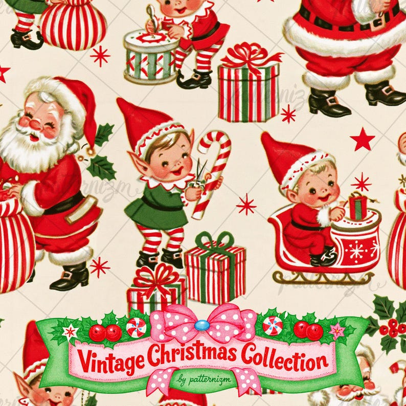 Vintage Santa Elf Christmas Seamless Pattern Digital Download, Retro ...