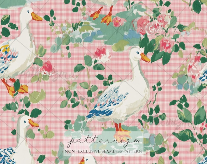 Seamless Pink Duck Pattern Digital Download – Cottagecore Goose & Floral Design, Vintage Farm Animal Print, Nursery Fabric