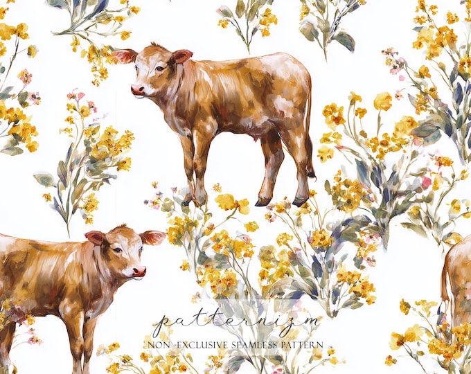 Watercolor Calf Seamless Pattern – Farm Baby Cow with Yellow Wildflowers, Country Digital Paper for Crafts