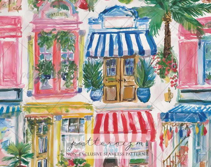 Mediterranean Storefront Seamless Pattern, Colorful Coastal Buildings, Palm Tree Summer Street, European Cafe Illustration, Travel Inspired