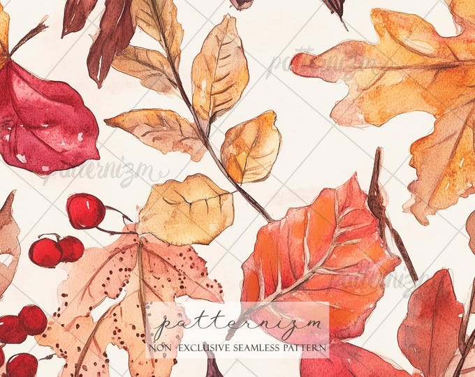 Seamless Autumn Leaves Pattern Digital Download – Fall Foliage Watercolor, Warm Seasonal Botanical Design