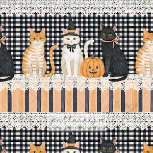 May include: A seamless pattern featuring orange tabby cats, white cats wearing black witch hats with bows, and black cats with pink bows. The design includes a jack-o'-lantern, white lace trim borders, black and white gingham, and orange and black stripes.