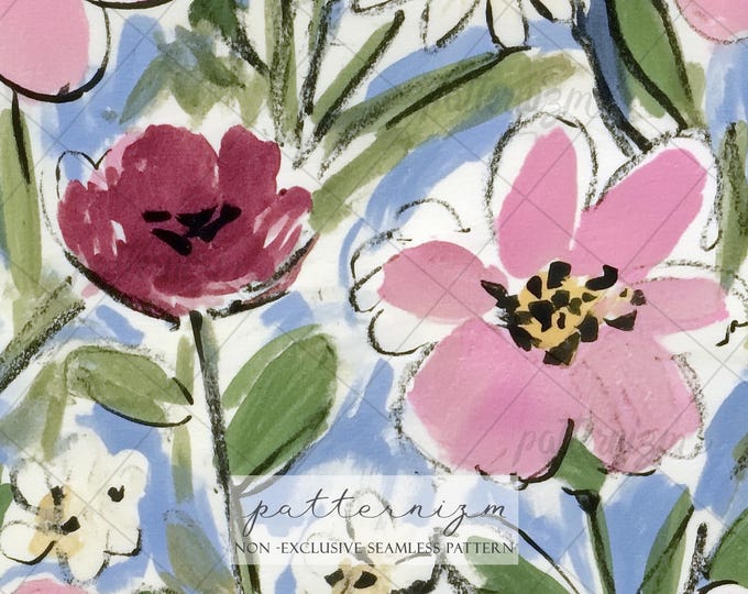 Seamless Wildflower Pattern Digital Download – Pink Floral Watercolor Repeat Design