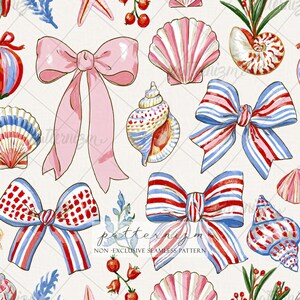 May include: A seamless pattern featuring watercolor illustrations of pink bows, striped bows in red, white, and blue, various seashells, red berries, and blue foliage on a cream background. The text patternism non-exclusive seamless pattern is visible.