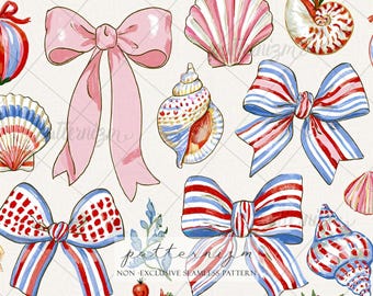 Seamless Coastal Bow Pattern Digital Download – Nautical Shells & Coquette Ribbon Design, Preppy Summer Beach Fabric Print
