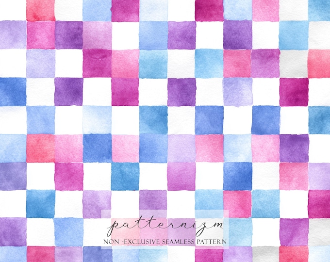 Pink Blue Checker Seamless Pattern Digital Paper – Bubblegum Watercolor Gingham Repeat Design for Fabric