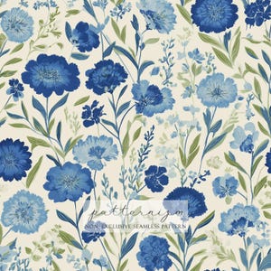 Blue Floral Seamless Pattern Digital Paper – Grandmillennial Watercolor Flower Repeat Design for Fabric