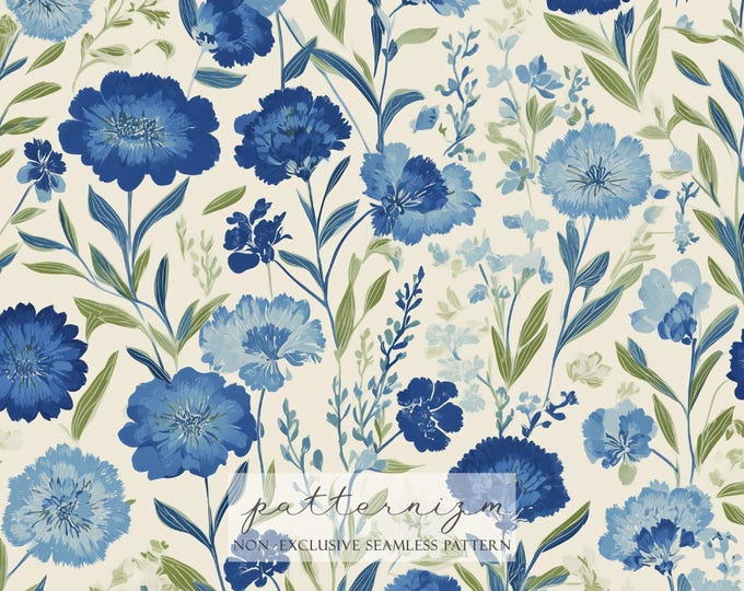 Blue Floral Seamless Pattern Digital Paper – Grandmillennial Watercolor Flower Repeat Design for Fabric