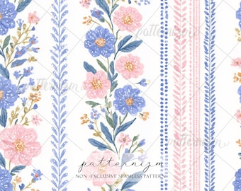 Seamless Floral Stripe Pattern Digital Download – Painted White Flowers, Soft Botanical Fabric