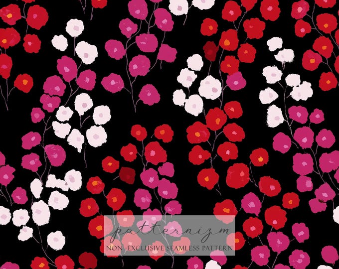 Bold Floral Seamless Pattern – Red Pink and White Abstract Flowers on Black Background Digital Paper for Crafts & Decor