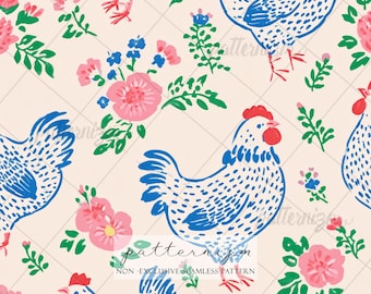 Fantazyjny wzór kurczaka w formie bezszwowej, do pobrania w wersji cyfrowej – Farm Life Cottagecore Design, nadruk kury i kwiatów, styl rustykalny do pokoju dziecięcego