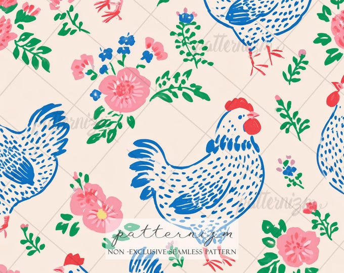 Whimsical Chicken Seamless Pattern Digital Download – Farm Life Cottagecore Design, Hen & Floral Printable, Country Style for Kids Nursery