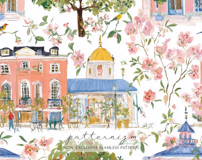 Romantic City Toile Seamless Pattern – Pink Buildings and Floral Branches, Vintage Parisian Digital Paper