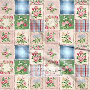 K&ouml;nnte beinhalten: Ein nahtloses Textilmuster mit einem Gitter aus abwechselnden Quadraten. Das Design umfasst Blumenstr&auml;u&szlig;e in Rosa, Rot und Blau, blau-wei&szlig; karierte Vichy-Muster sowie rot-blau-gr&uuml;ne Schottenkaro-Quadrate. Der Text patternizm ist zu sehen.