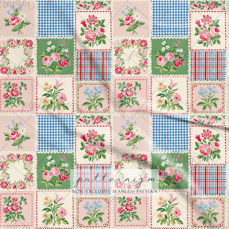 K&ouml;nnte beinhalten: Ein nahtloses Textilmuster mit einem Gitter aus abwechselnden Quadraten. Das Design umfasst Blumenstr&auml;u&szlig;e in Rosa, Rot und Blau, blau-wei&szlig; karierte Vichy-Muster sowie rot-blau-gr&uuml;ne Schottenkaro-Quadrate. Der Text patternizm ist zu sehen.