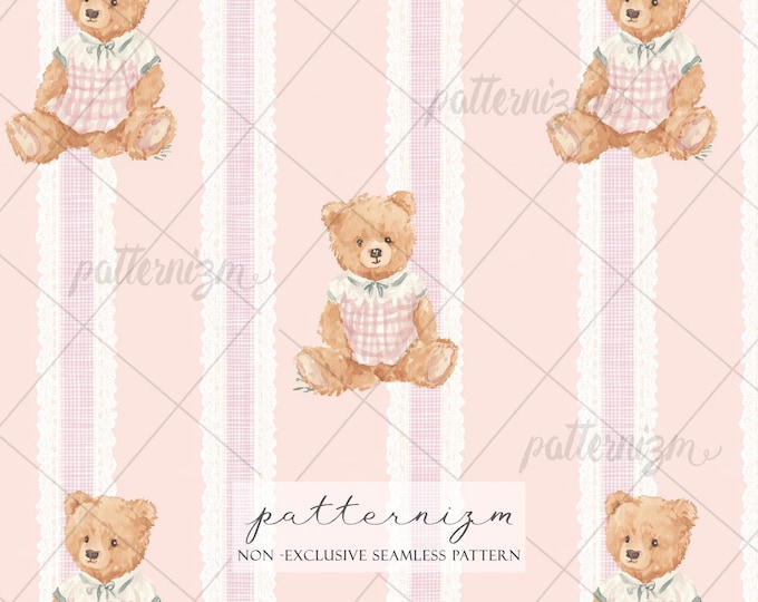 Seamless Teddy Bear Pattern Digital Download – Pink Coquette Nursery Stripe, Vintage Lace Gingham Bear Print, Baby Girl Fabric