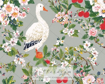 Wzór bezszwowy z gęsią i wiśnią do pobrania w wersji cyfrowej – Cottagecore Ptak z kwitnącymi gałązkami, nadruk na tkaninie w stylu wiosennego ogrodu