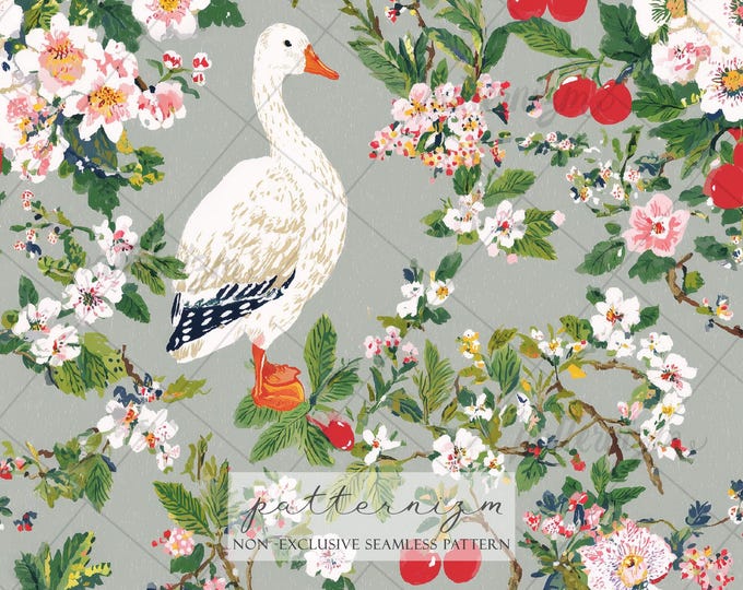 Seamless Goose and Cherry Pattern Digital Download – Cottagecore Bird with Blossom Branches, Spring Garden Fabric Print
