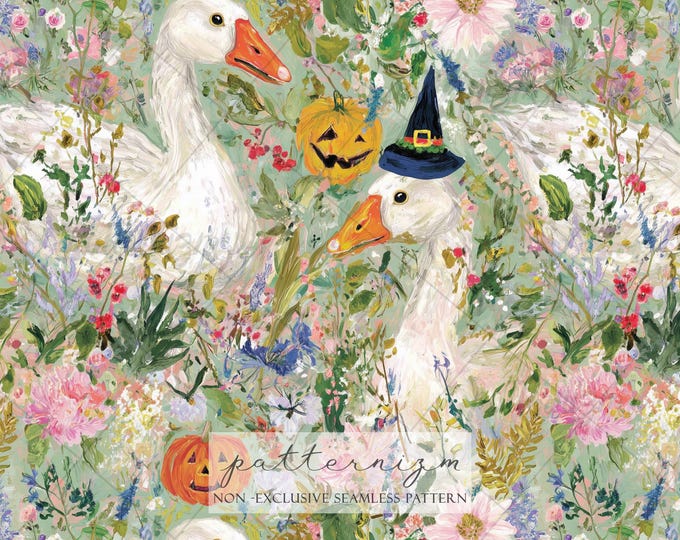 Seamless Goose Halloween Garden Pattern Digital Download – Whimsical Farm Goose, Floral Cottage Fabric Design