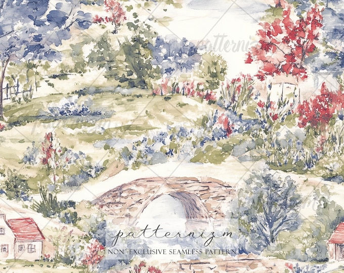 Seamless Watercolor Countryside Pattern Digital Download – Vintage Garden Landscape with Bridge, Cottagecore Fabric Print