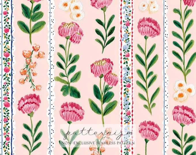 Seamless Pink Floral Stripe Pattern Digital Download – Grandmillennial Vertical Garden Design, Soft Cottage Fabric