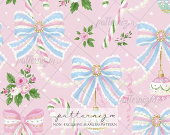 Seamless Pattern, Pastel Christmas Bow Digital Download, Coquette Holiday Repeat Design, Pearl Ornament Wallpaper Fabric Print