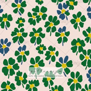 May include: A seamless floral pattern with green, blue, and yellow flowers on a pale pink backdrop. The design has a hand-painted aesthetic, with a modern, minimalist style. The text "patternizm" and "NON-EXCLUSIVE SEAMLESS PATTERN" are displayed.