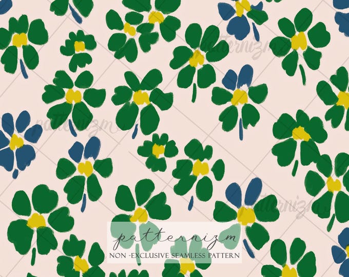Seamless St. Patricks Day Clover Pattern Digital Download – Green Floral Design, Lucky Shamrock Print, Whimsical Garden Fabric for Crafts