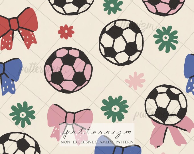 Seamless Soccer Bow Pattern Digital Download – Cute Football & Ribbon Design, Girly Sports Print, Kids Fabric and Decor