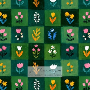 Pode incluir: Padrão sem costura com quadrados verdes, cada um contendo uma ilustração floral diferente. As flores são em tons de rosa, amarelo e branco, com caules e folhas verdes. O texto "patternizm" é visível.
