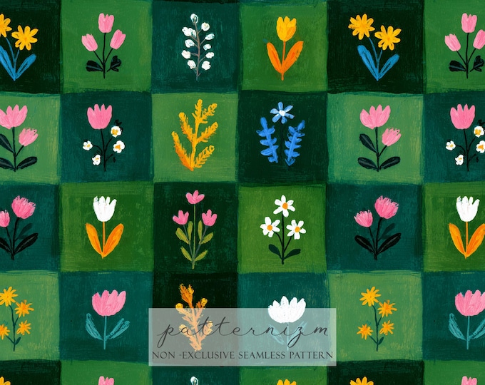 Floral Patchwork Seamless Pattern – Retro Folk Style Green Checker Grid Background Fabric, Kids Decor & Digital Design - Oil Paint Texture