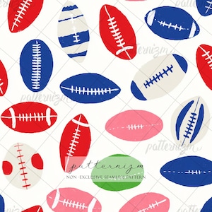 Colorful American Football Seamless Pattern – Whimsical Sport Design, Red Blue & Green Ball Printable, Kids Athletic Fabric for Boys Room