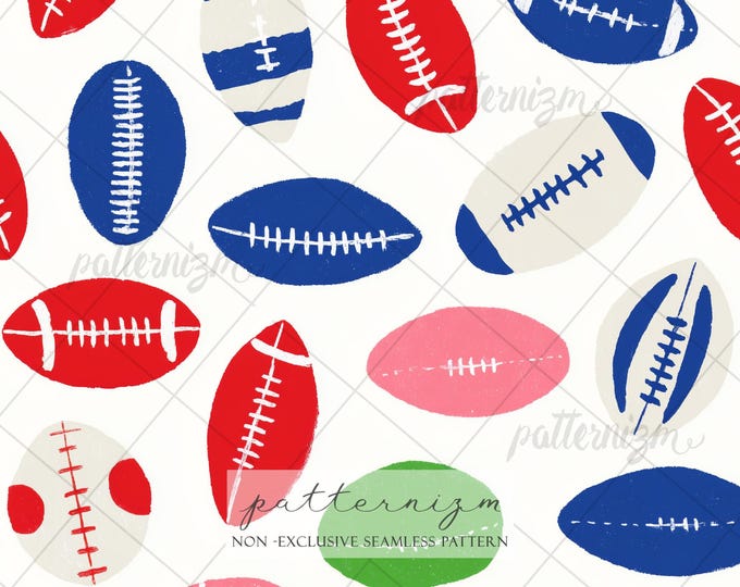 Colorful American Football Seamless Pattern – Whimsical Sport Design, Red Blue & Green Ball Printable, Kids Athletic Fabric for Boys Room