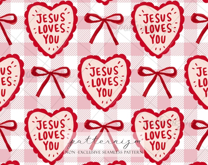 Jesus Loves You Seamless Pattern Digital Paper – Cute Christian Heart Gingham Repeat Design