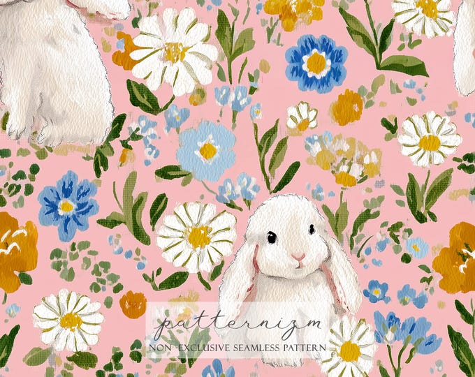 Seamless Pink Bunny Meadow Pattern Digital Download – Cute Easter Rabbit Floral Repeat for Kids Fabric