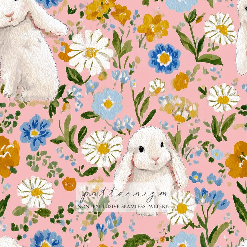 Seamless Pink Bunny Meadow Pattern Digital Download – Cute Easter ...