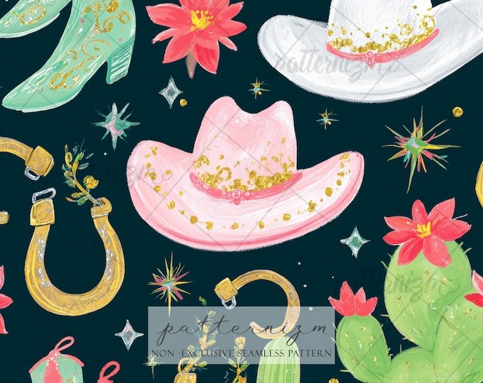 Neon Western Seamless Pattern - Retro Cowboy Boots & Disco Design, Funky Cowgirl Aesthetic, Pink Desert Party Fabric Digital Download