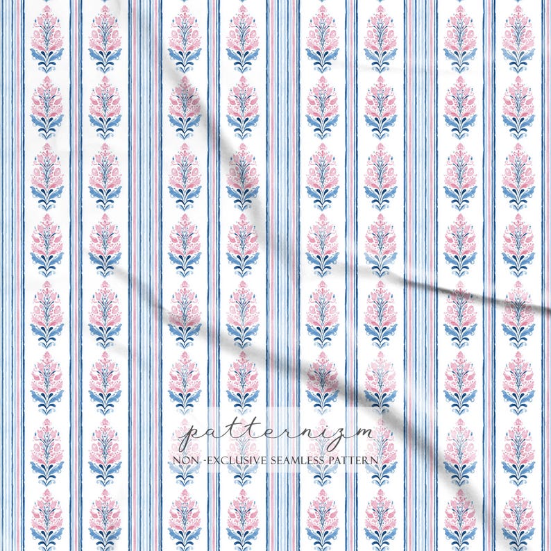 Watercolor Floral Stripes Seamless Background, Blue and Pink Pattern ...