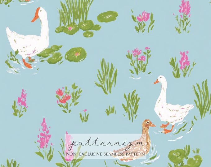Duck Seamless Pattern – Cute Ducks in Pond with Lily Pads, Spring Nature Digital Paper